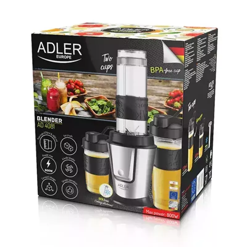 Spordiblender Adler AD 4081 — kaasaskantav personalblender, 800 W tippvõimsus, 0,57 l tops, roostevabast terasest tera, 2 pudelit