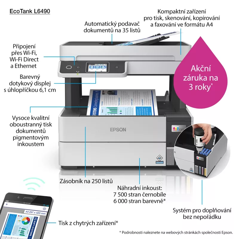 Multifunktsionaalne printer Epson EcoTank L6490 — tindiprinter värviline, 4800x1200 dpi, 37 ppm, A4 dupleks, Wi‑Fi, Ethernet