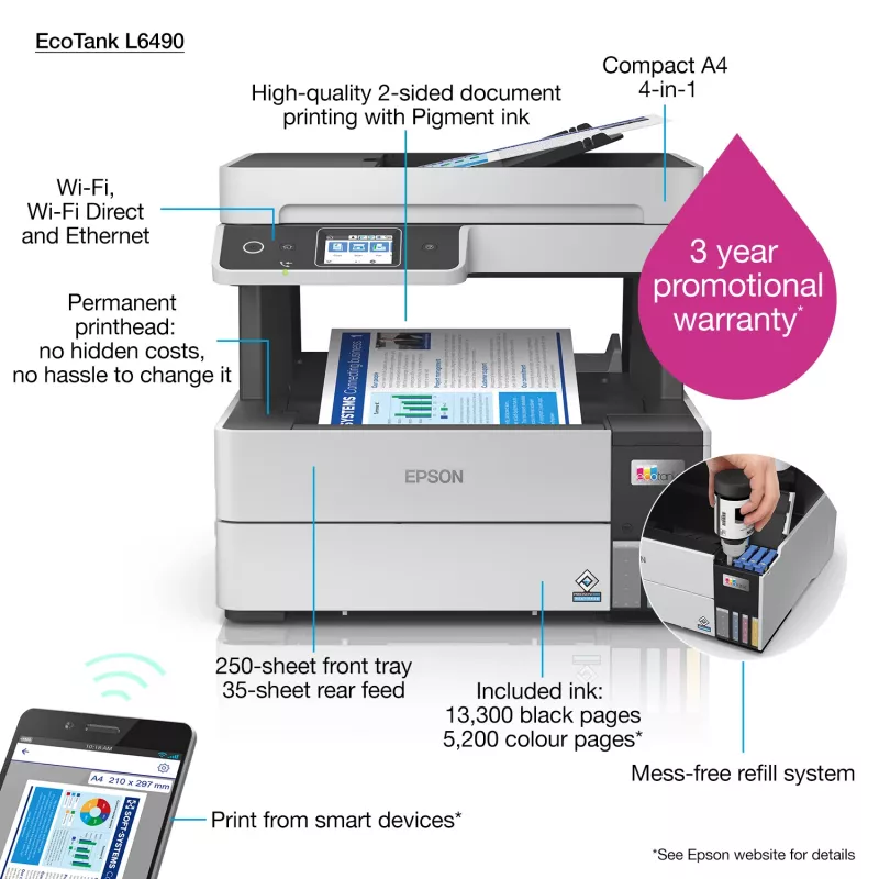 Multifunktsionaalne printer Epson EcoTank L6490 — tindiprinter värviline, 4800x1200 dpi, 37 ppm, A4 dupleks, Wi‑Fi, Ethernet