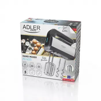Hand mixer Adler AD 4225 — 5 kiirust, turbo, 300 W, inox/hõbe-must, visplid ja tainakonksud