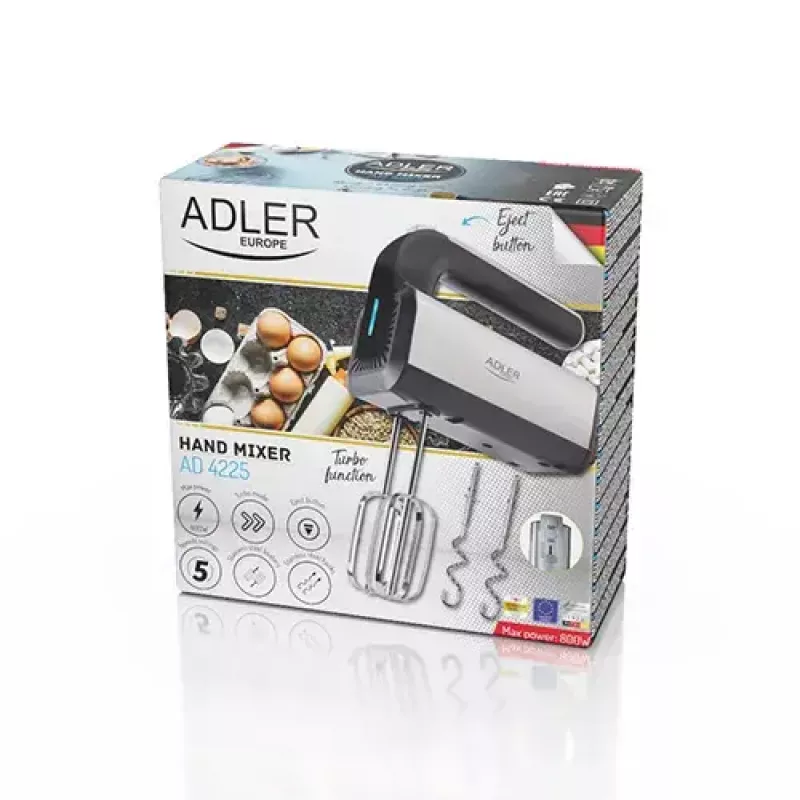 Hand mixer Adler AD 4225 — 5 kiirust, turbo, 300 W, inox/hõbe-must, visplid ja tainakonksud