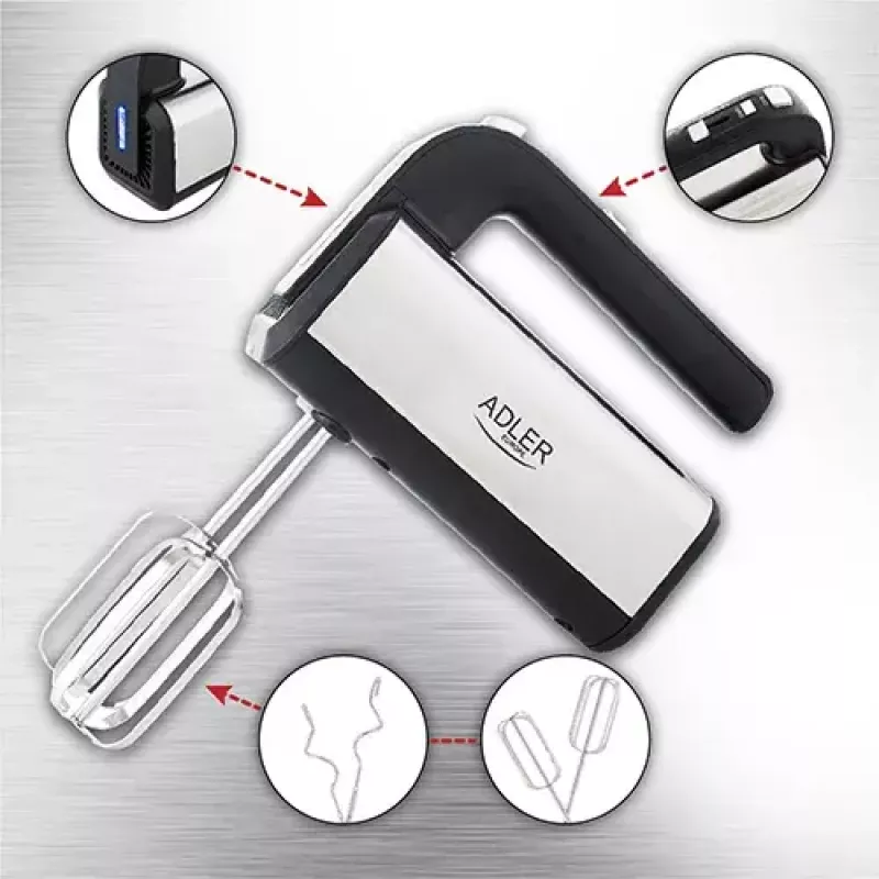 Hand mixer Adler AD 4225 — 5 kiirust, turbo, 300 W, inox/hõbe-must, visplid ja tainakonksud