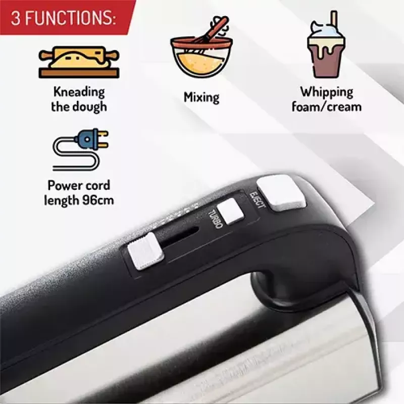 Hand mixer Adler AD 4225 — 5 kiirust, turbo, 300 W, inox/hõbe-must, visplid ja tainakonksud