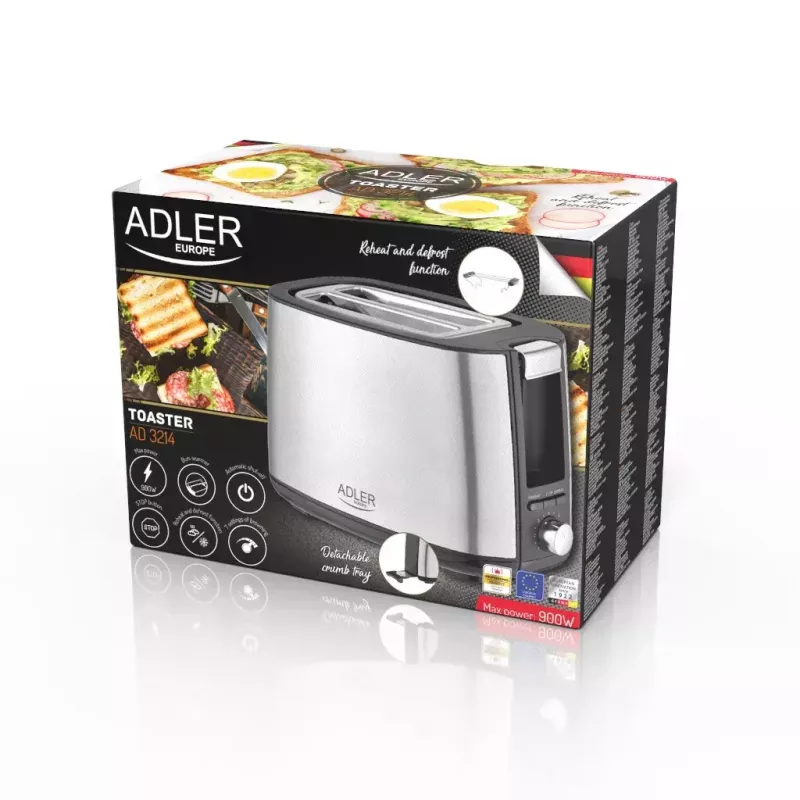 Röster Adler AD 3214, 2-kohaline roostevaba teras, 900 W, 7 pruunistustaset, sulatus/soojendus/automaatne väljalülitus