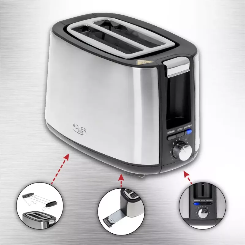 Röster Adler AD 3214, 2-kohaline roostevaba teras, 900 W, 7 pruunistustaset, sulatus/soojendus/automaatne väljalülitus