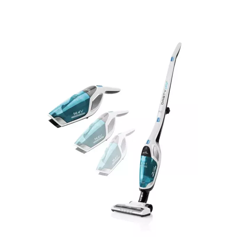 Juhtmevaba tolmuimeja ETA Dasty AquaPlus ETA344790010 — 95 W mootor, 14,4 V aku, kuni 45 min, käsimudel ja püstmudel, valge/sinine