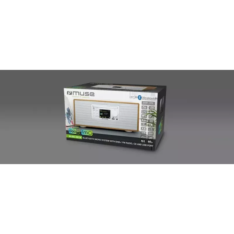 Isiklik raadio Muse M-695 DBTW — DAB/DAB+/FM digitaaltuuner, 2,8-tolline TFT, 60W RMS, AC/DC, puit/valge