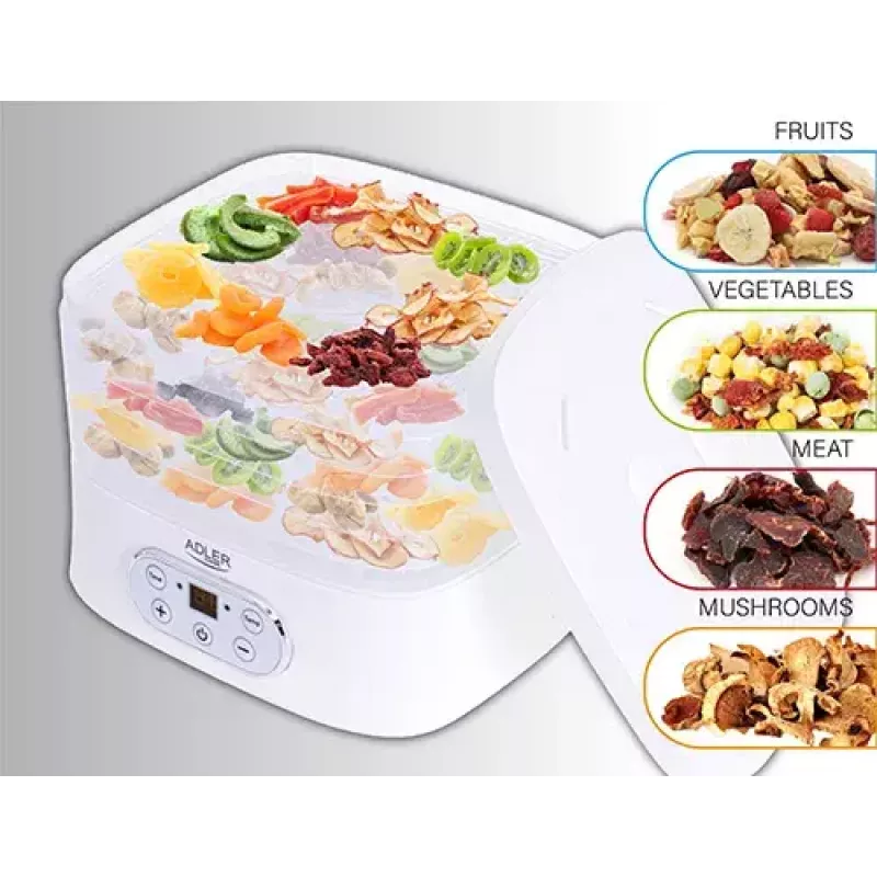 Toidukuivati Adler AD 6658, 5 alust, LCD taimer 70 tundi, 35–70 °C, 230 W (max 550 W), valge