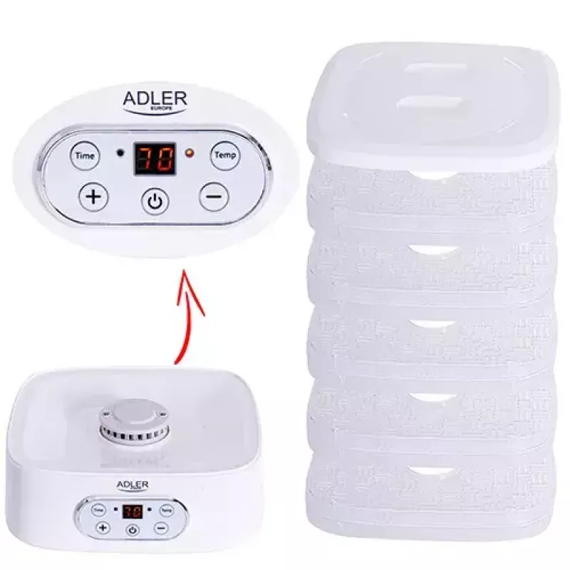 Toidukuivati Adler AD 6658, 5 alust, LCD taimer 70 tundi, 35–70 °C, 230 W (max 550 W), valge
