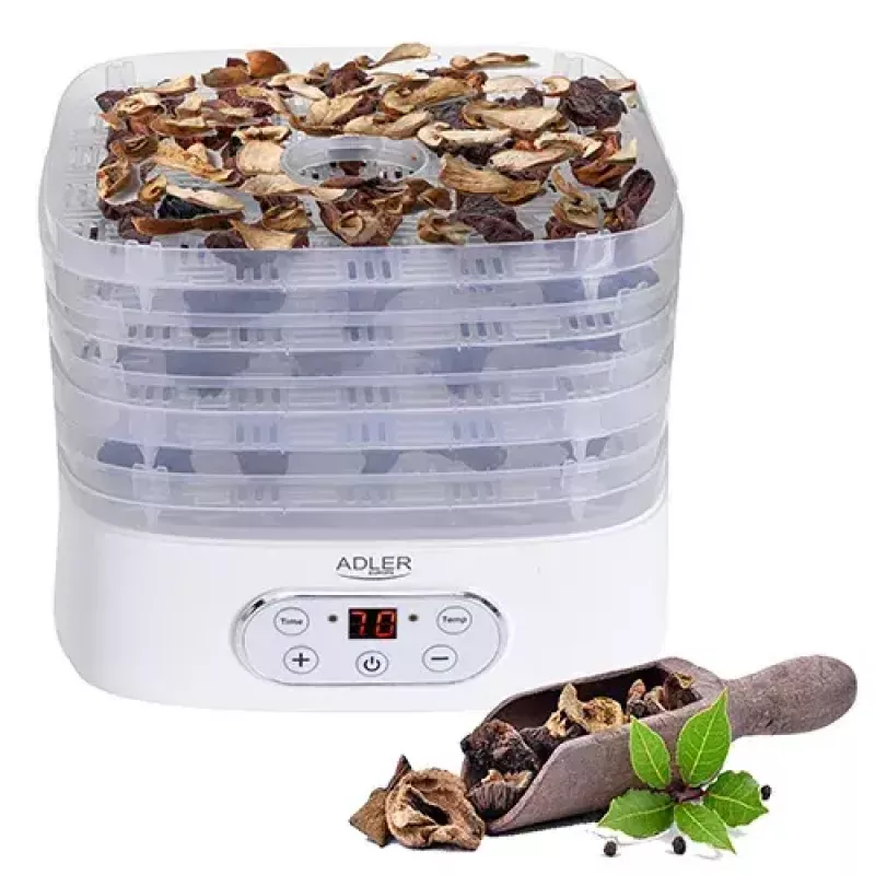 Toidukuivati Adler AD 6658, 5 alust, LCD taimer 70 tundi, 35–70 °C, 230 W (max 550 W), valge