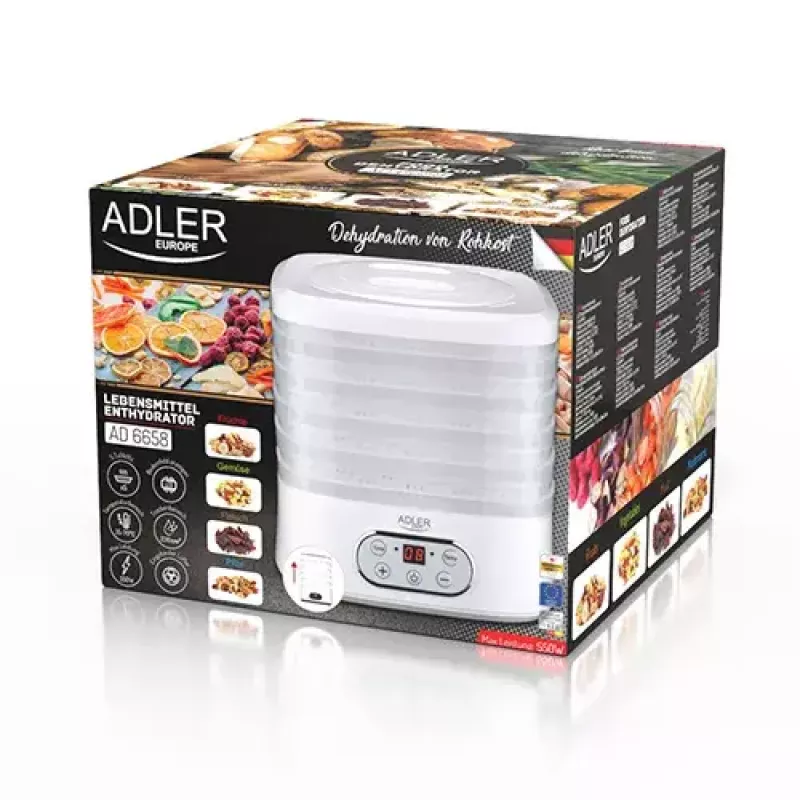 Toidukuivati Adler AD 6658, 5 alust, LCD taimer 70 tundi, 35–70 °C, 230 W (max 550 W), valge