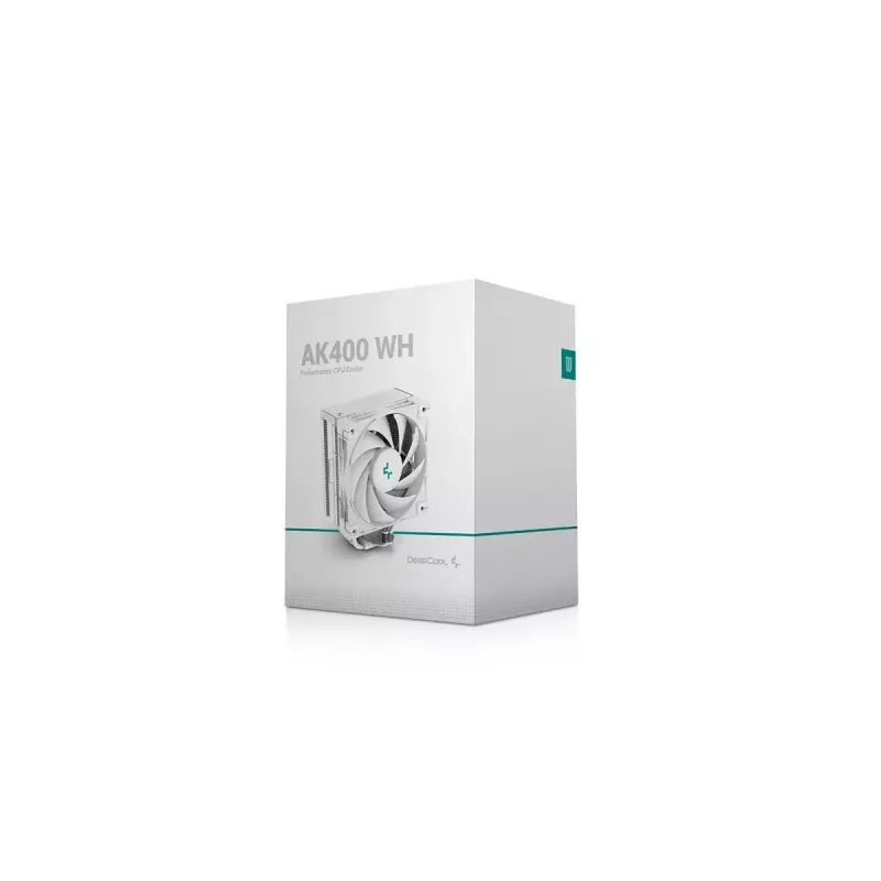 Õhkjahuti DeepCool AK400 WH — 4×6 mm vasest soojustorud, 120 mm FDB-ventilaator, 1850 p/min, 66,47 CFM, ühildub LGA 1700 ja levinud Inteli/AMD pesadega, valge