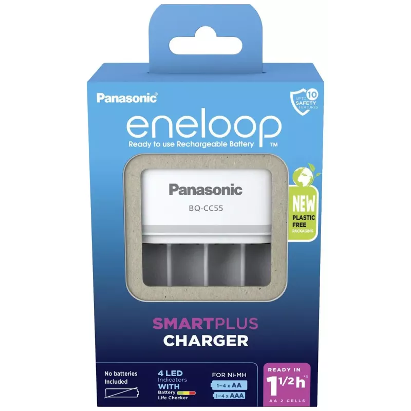 Akulaadija Panasonic BQ-CC55E — kompaktne NiMH/NiCd laadija AA/AAA taaslaetavatele elementidele