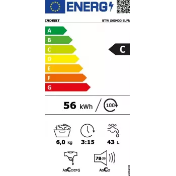 Pealtlaetav pesumasin INDESIT BTW S60400 EU/N — 6 kg, 1000 p/min, energiaklass C, valge