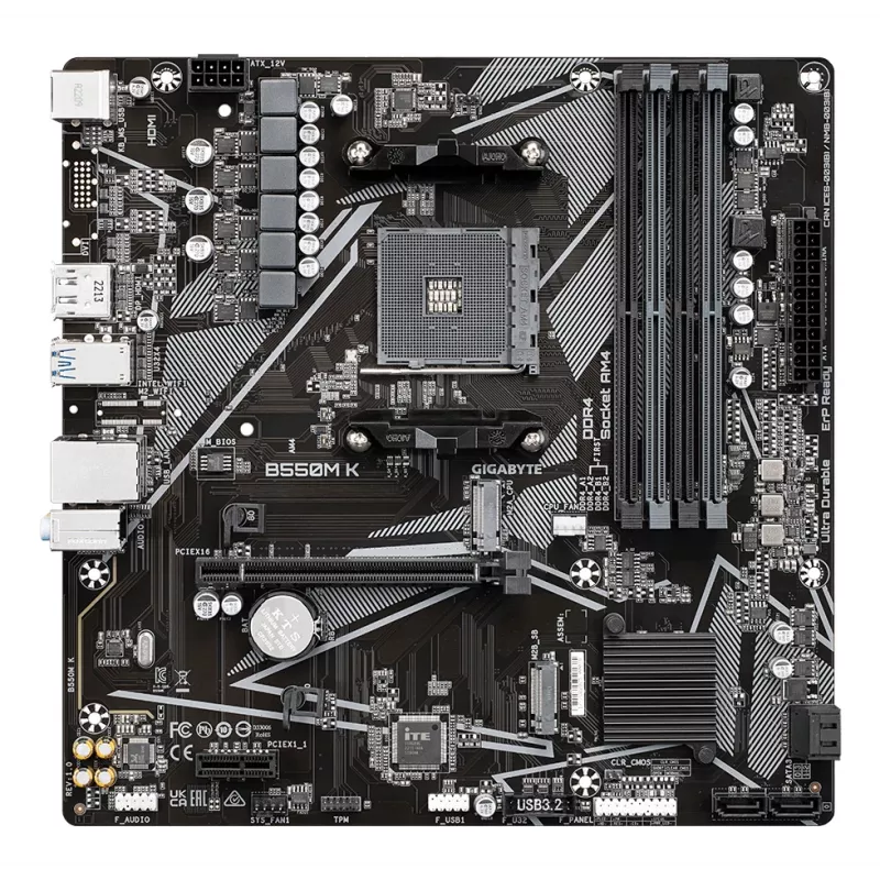 GIGABYTE B550M K emaplaat - AMD Ryzen 5000 protsessorid, kuni 4733MHz DDR4, 1xPCIe 4.0 + 1xPCIe 3.0 M.2, 1GbE LAN, USB 3.2 Gen 1