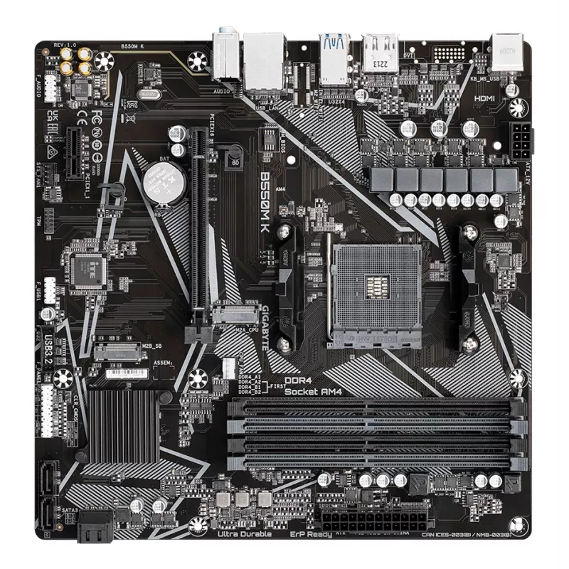 GIGABYTE B550M K emaplaat - AMD Ryzen 5000 protsessorid, kuni 4733MHz DDR4, 1xPCIe 4.0 + 1xPCIe 3.0 M.2, 1GbE LAN, USB 3.2 Gen 1