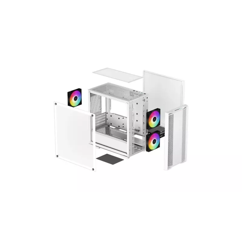 Arvuti korpus DeepCool CC360 WH ARGB Mini Tower Valge — Micro‑ATX/Mini‑ITX, karastatud klaas, 2x 3,5 tolli + 3x 2,5 tolli, 2x eesmine 120 mm ventilaator