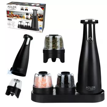 Soola- ja pipraveski komplekt Adler AD 4449B — roostevaba teras/must, 150 ml mahutavus, liitiumaku, 80×80×263 mm