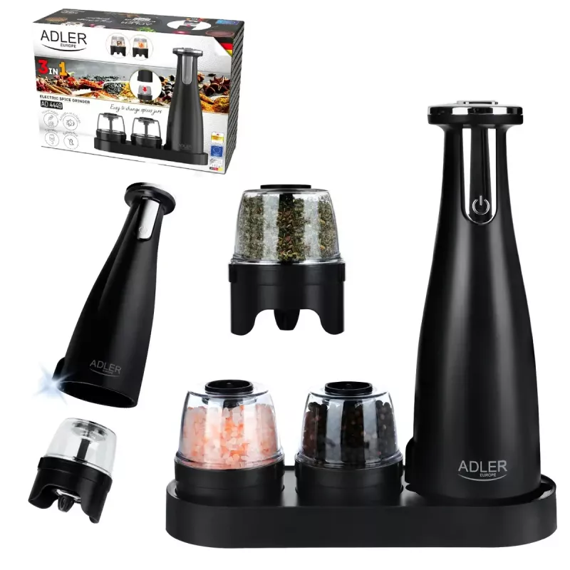 Soola- ja pipraveski komplekt Adler AD 4449B — roostevaba teras/must, 150 ml mahutavus, liitiumaku, 80×80×263 mm