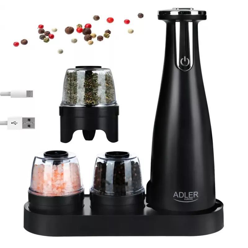 Soola- ja pipraveski komplekt Adler AD 4449B — roostevaba teras/must, 150 ml mahutavus, liitiumaku, 80×80×263 mm