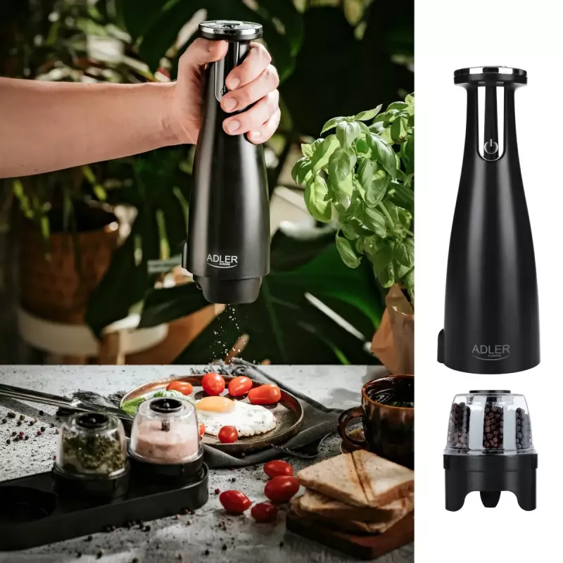 Soola- ja pipraveski komplekt Adler AD 4449B — roostevaba teras/must, 150 ml mahutavus, liitiumaku, 80×80×263 mm