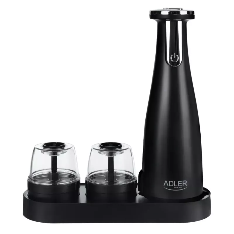 Soola- ja pipraveski komplekt Adler AD 4449B — roostevaba teras/must, 150 ml mahutavus, liitiumaku, 80×80×263 mm