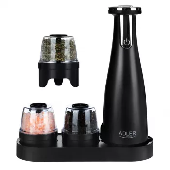 Soola- ja pipraveski komplekt Adler AD 4449B — roostevaba teras/must, 150 ml mahutavus, liitiumaku, 80×80×263 mm