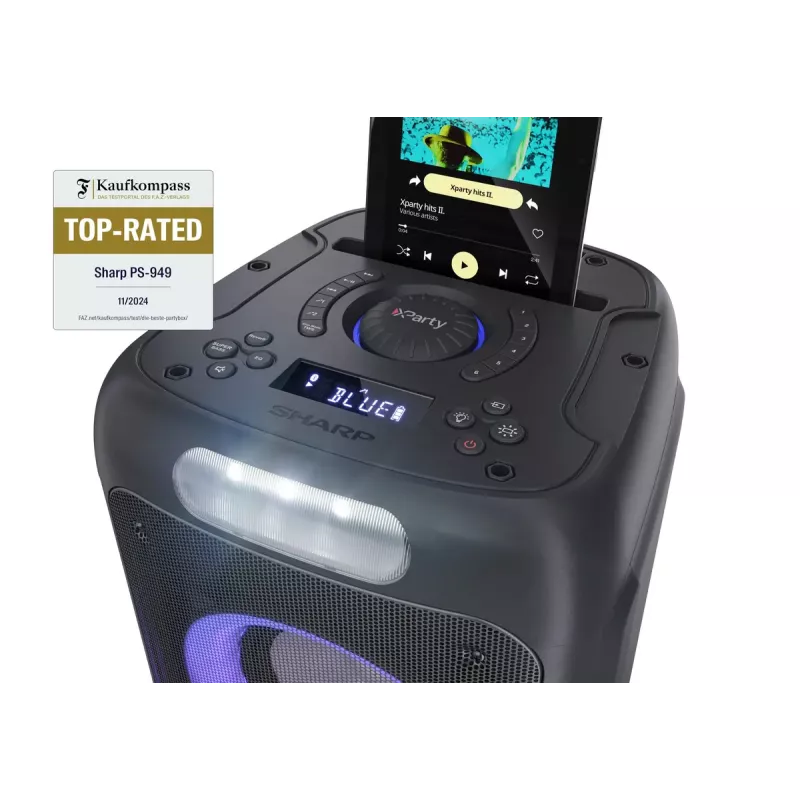 Peokõlar Sharp PS-949 — 2.1 kanalit, 132 W PMPO, 8-tolline bassikõlar, Bluetooth A2DP/AVRCP, juhtmega ja juhtmevaba, must, plastkorpus