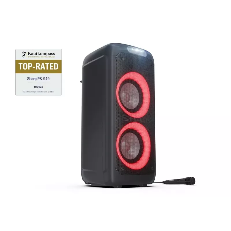 Peokõlar Sharp PS-949 — 2.1 kanalit, 132 W PMPO, 8-tolline bassikõlar, Bluetooth A2DP/AVRCP, juhtmega ja juhtmevaba, must, plastkorpus