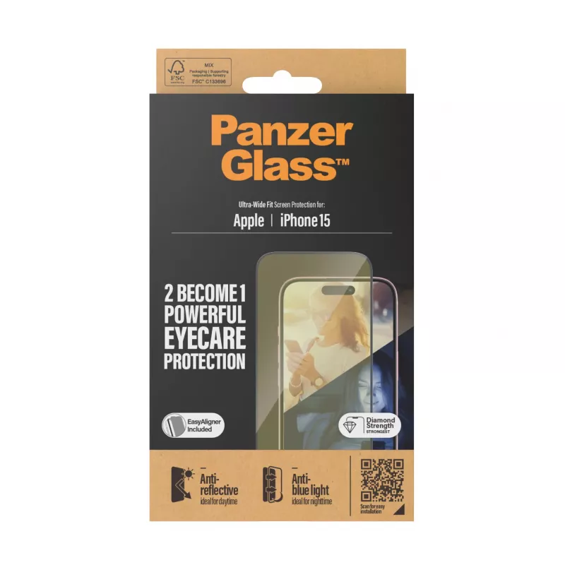 PanzerGlass ® EyeCARE™ Ekraanikaitse iPhone 15 | Ultra-Wide Fit koos EasyAligneriga