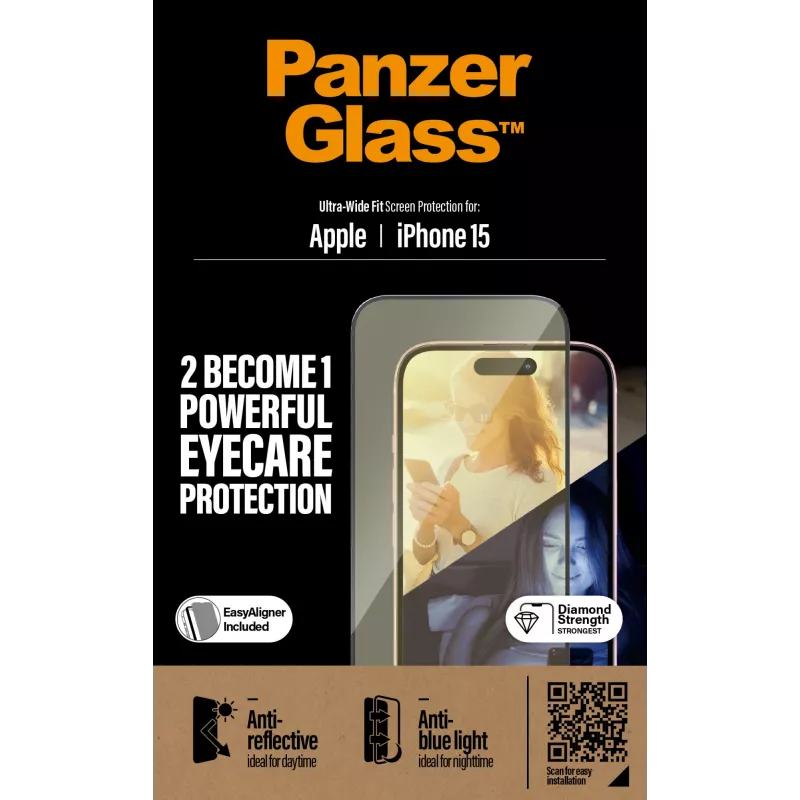 PanzerGlass ® EyeCARE™ Ekraanikaitse iPhone 15 | Ultra-Wide Fit koos EasyAligneriga