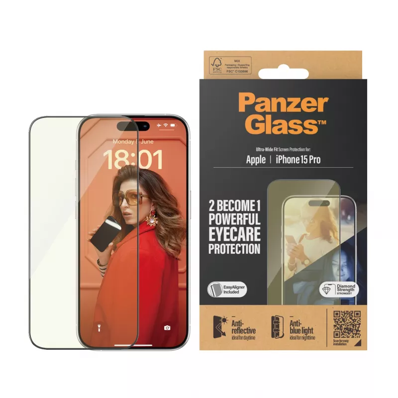 PanzerGlass ® EyeCARE™ kuvakaitse iPhone 15 Pro | eriti lai kate EasyAligneriga