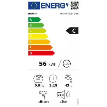 Eestlaetav pesumasin INDESIT MTWSA 61294 W EE, 6 kg, inverter-mootor, energiaklass C