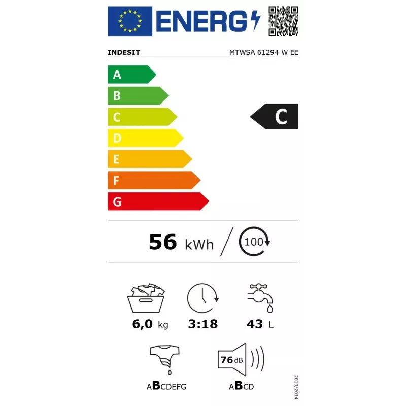 Eestlaetav pesumasin INDESIT MTWSA 61294 W EE, 6 kg, inverter-mootor, energiaklass C