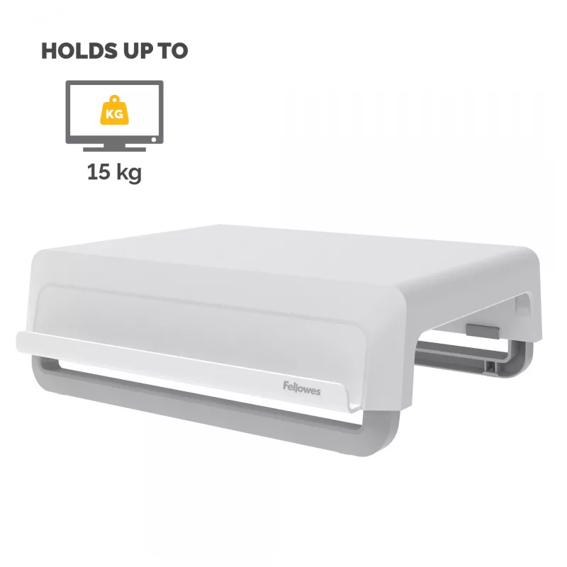 Fellowes arvutimonitori alus 3 kõrguse reguleerimisega - Breyta monitori tõstuk kaablihaldusega - ergonoomiline reguleeritav monitorialus arvutitele - max kaal 15 kg - valge