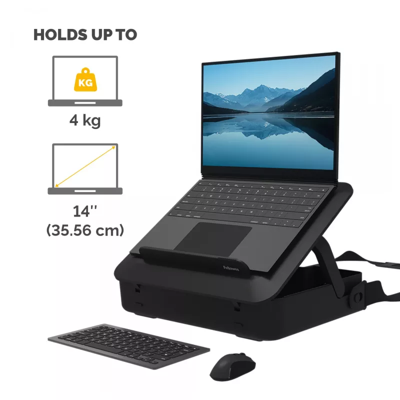 Fellowes Breyta lukustatav sülearvutikott koos sisseehitatud sülearvutialusega – hübriidtööks ja kuni 14-tollistele/4 kg sülearvutitele – must