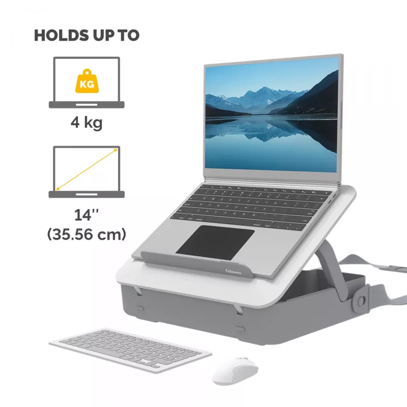 Fellowes sülearvuti kandekott sisseehitatud sülearvutialusega - Breyta lukustatav sülearvuti kandekott hübriidtööks ja sülearvutitele kuni 14 tolli/4KG - Valge