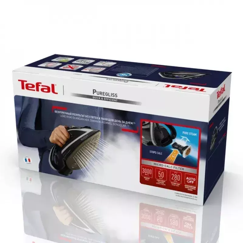 Tefal Puregliss FV8062E0 triikraud Kuiv- ja aurutriikraud Durilium AirGlide Autoclean tallaga 3000 W Must, Hall