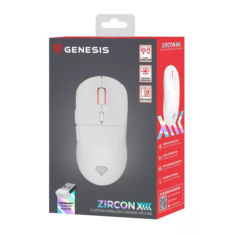 GENESIS Zircon XIII hiir Gaming Ambidextrous RF Wireless + USB Type-C Optical 26000 DPI