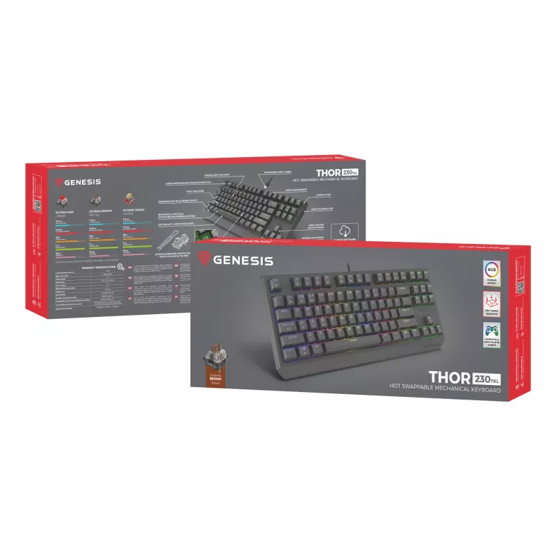 Mehaaniline mänguklaviatuur Genesis Thor 230 TKL — Tenkeyless, US QWERTY, Outemu Brown lülitid, RGB, 1000 Hz, USB