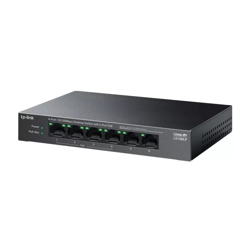 TP-Link LiteWave LS106LP võrgulüliti, haldamata, Fast Ethernet (10/100), Power over Ethernet (PoE), must