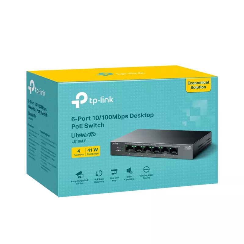 TP-Link LiteWave LS106LP võrgulüliti, haldamata, Fast Ethernet (10/100), Power over Ethernet (PoE), must