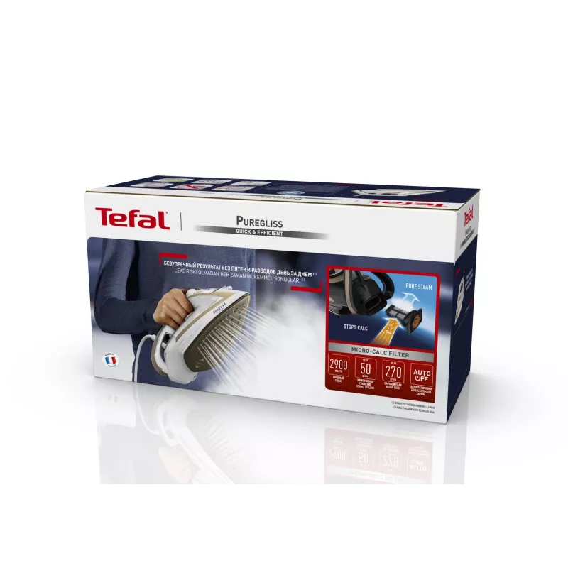 Tefal Puregliss FV8042 Kuiv- ja aurutriikraud Durilium AirGlide Autoclean tallaga 3000 W pronks, valge