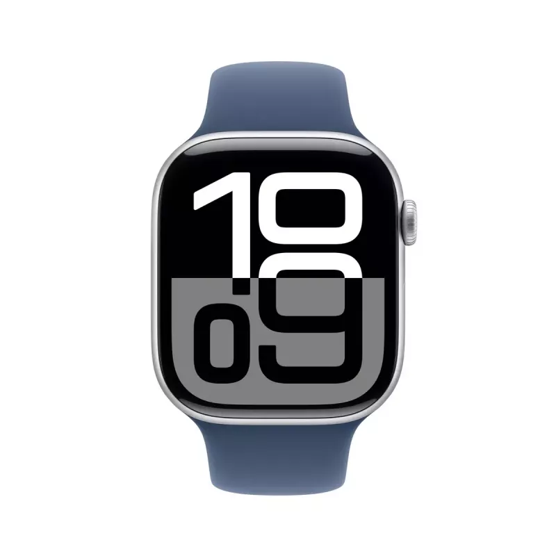 Nutikell Apple Watch Series 10 GPS 46 mm hõbedane alumiiniumkorpus teksasinise spordirihmaga – M/L