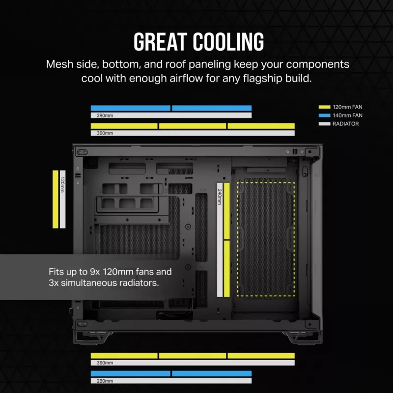 PC-korpus CORSAIR 2500D AIRFLOW Midi Tower Must — ATX/Micro ATX, esiradiaatori tugi kuni 280 mm, USB-A x2, USB-C x1