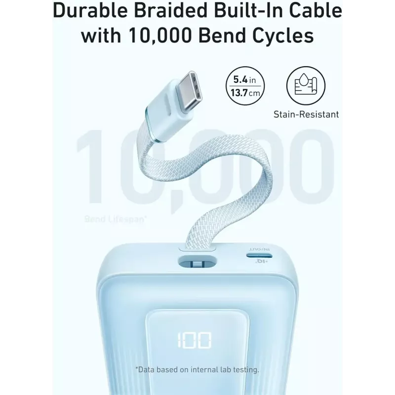 Anker Zolo 10000mAh kaasaskantav aku, 30W ülikiire laadimine, integreeritud USB-C kaabel, must