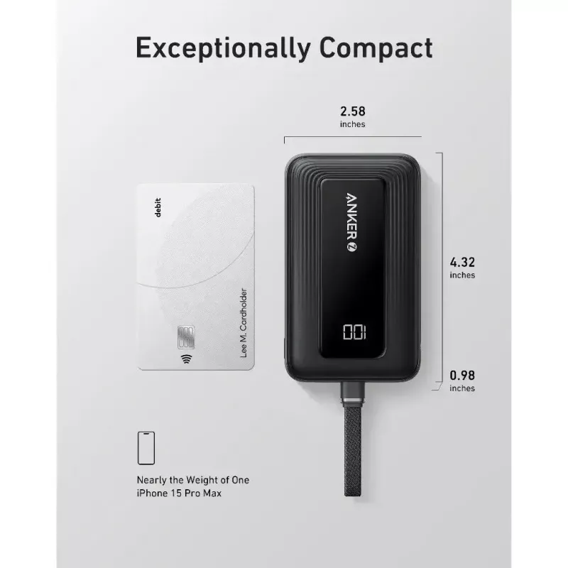 Anker Zolo 10000mAh kaasaskantav aku, 30W ülikiire laadimine, integreeritud USB-C kaabel, must