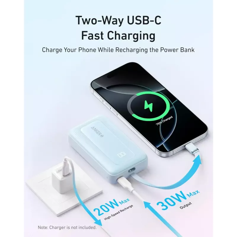 Anker Zolo 10000mAh kaasaskantav aku, 30W ülikiire laadimine, integreeritud USB-C kaabel, must