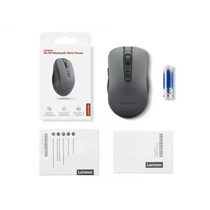 Juhtmevaba mõlemakäeline hiir Lenovo WL310 Office — Bluetooth, optiline 1200 DPI, 6 nuppu, ratas, hall, akutoidega