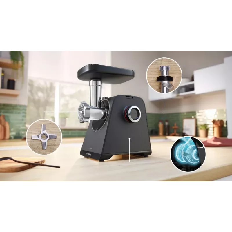Hakklihamasin Bosch MFWS430B — 1900 W, 2 kiirust, 2,5 kg/min, must/hõbedane, 4,3 kg